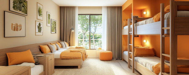 Fototapeta premium Cozy Family-Friendly Hostel Room with Bunk Beds and Orange Accents