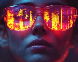 Futuristic Holographic Sales Competition with Rising Glowing Bars Over Heads Symbolizing Race for Success