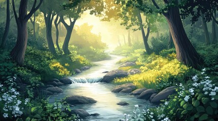 A tranquil river winding through a lush forest, creating a peaceful and inviting natural escape