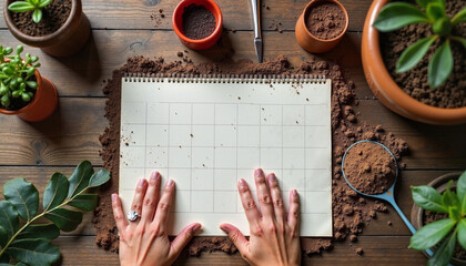 Planter's delight as hands organize gardening schedule amidst soil and pots