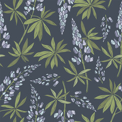 Hand drawn lupin branches seamless pattern
