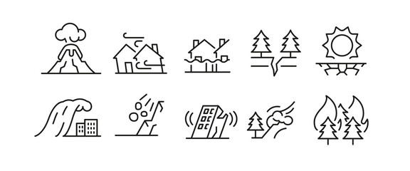 Disasters icons. Set of 10 disasters trendy minimal icons. Example: volcano, virus, flood, Tornado, fire icon. Design signs for web page, mobile app, packaging design. Vector illustration.