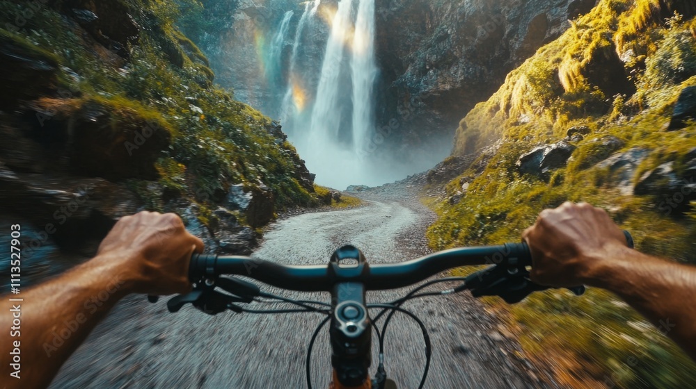 Aufkleber riding a mountain bike along a rugged path, with vibrant greenery surrounding the trail and a magnif