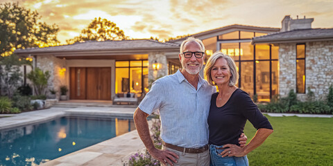 An Attractive Older Couple Poses in Front of Their Luxury Home