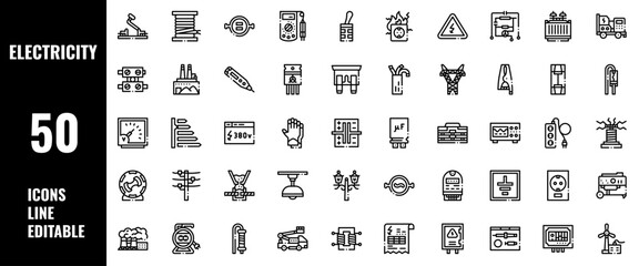 50 Electricity Icons Set Pack Line Editable Vector Illustration