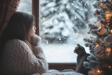A girl sits by the window with her cat, gazing outside at the snowy winter landscape adorned with Christmas decorations, creating a cozy and festive atmosphere.