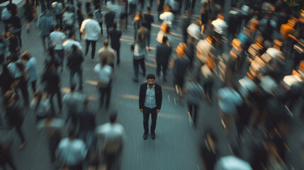 Lone Man Stands Still Amidst a Blurry Moving Crowd