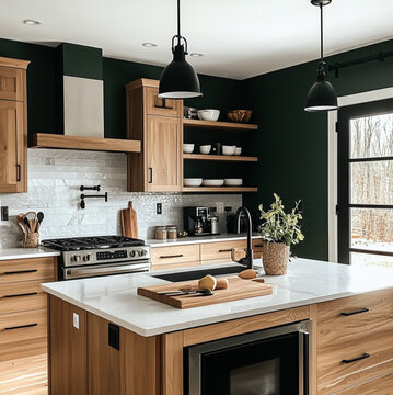 a kitchen in a modest builder grade home with honey oak cabinets with white stone backsplash and dark sage walls, cabinets have black hardware and stainless steal appliances