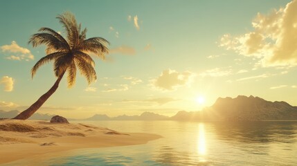 Peaceful Sunset Over Tranquil Beach with Palm Tree and Gentle Waves Reflecting Soft Golden Light on Calm Water Surrounded by Majestic Mountains