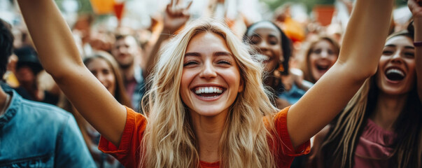 Happy young woman cheering in a lively crowd outdoors