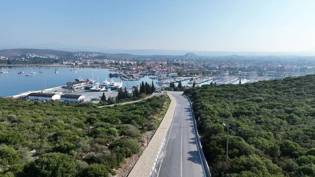 Izmir sigacik view - high quality aerial view of izmir sigacik village, historical castle and teos marina taken from the drone