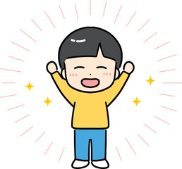 万歳ポーズで元気に喜ぶ男の子(全身・正面)