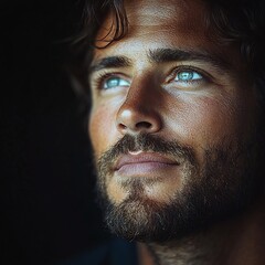 Obraz premium Pensive Portrait of Handsome Man with Rugged Facial Features and Stubble Against Moody Backdrop