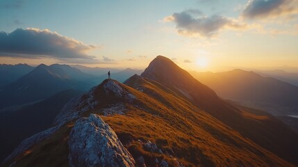 Hiker on mountain peak at sunset.  Vast mountain landscape.  Golden hour light. 