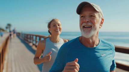 Active couple jogging on sandy beach at sunset