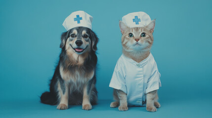 Dog in Nurse Outfit with Cat Companion on Blue Background