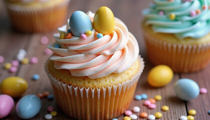 Delightful spring cupcakes adorned with colorful frosting and festive eggs