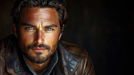 Intense and Brooding Handsome Man in Leather Jacket Portrait