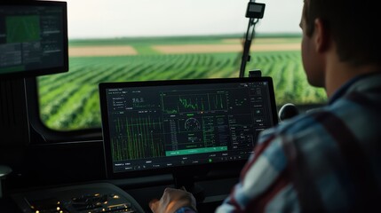 Modern agricultural technology interface with a farmer monitoring crop data and analytics from a high-tech tractor in a lush green field at sunset