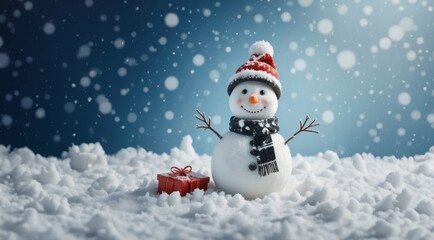 Fototapeta premium Snowman outdoors on sunny day. Christmas card with Snowman. Merry christmas and happy new year. Snowman on the snowy winter background. Christmas banner. Winter greeting card.