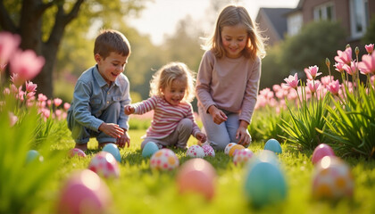 Children joyfully hunting colorful Easter eggs amidst blooming flowers in a sunlit garden