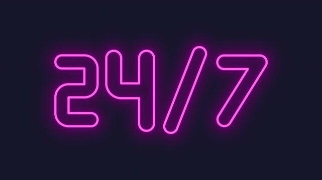 24 by 7 neon animation. Time clock animated icon glow effect. Scaling digits. Equation math, stopwatch. Service, watch. Dynamic overlay on white background. HD video with alpha channel. Motion graphic
