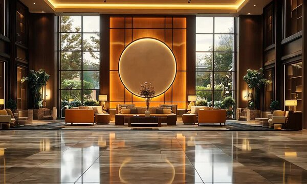 Elegant hotel lobby featuring modern design, ample natural light, and stylish seating arrangements.