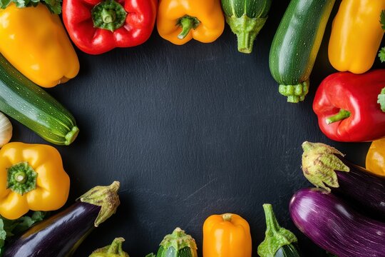 Vibrant flat lay of fresh vegetables ingredients on dark background culinary art showcase kitchen environment aesthetic photography inspirational healthy living concept