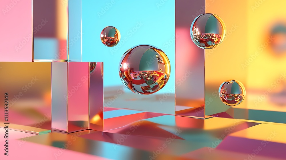 Canvas Prints shiny, metallic spheres float in front of abstract glass blocks.