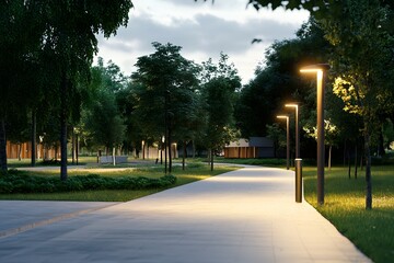Obraz premium Serene park pathway illuminated by streetlights at dusk.