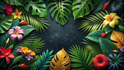 Summer Tropical Plants Banner - Dark Background Aerial View