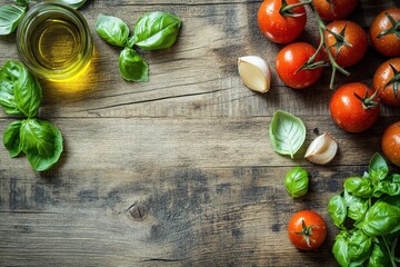 Fresh ingredients flat lay featuring tomatoes basil and olive oil on rustic wooden surface capturing vibrant colors and textures perfect for culinary inspiration and recipe ideas