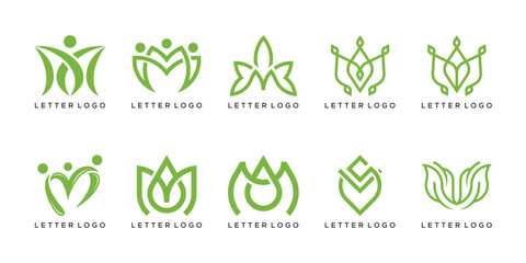 letter M plant flower leaf nature design logo. set of collection bundle graphic.