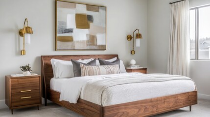 A serene bedroom featuring a walnut veneer bed
