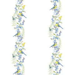 Seamless border of forget-me-nots with tit birds and butterflies.
