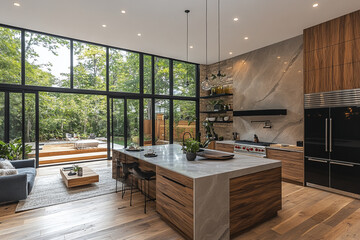 Modern Kitchen Design With Large Windows And Island