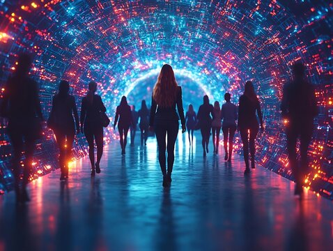A Team of Professionals Following Confident Business Leader into Glowing Digital Tunnel of Opportunities