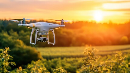 Aerial View of a Drone Capturing Stunning Sunset Over a Green Agricultural Field, Highlighting Modern Technology in Farming Practices
