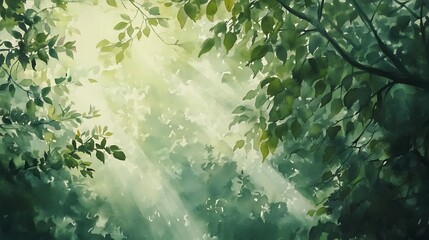 Sunbeams filtering through lush green leaves in a forest canopy.