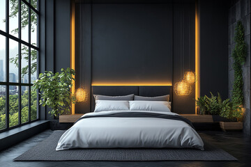 Modern Dark Bedroom Design With City View
