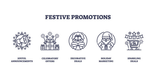 Obraz premium Festive promotions featuring megaphone, gifts, and Santa convey celebration and marketing, transparent background. Outline icons set.