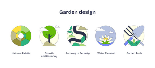 Garden design icons depict natures palette, growth, and tools in a Neubrutalism style, transparent background.