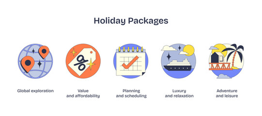 Holiday Packages with icons of globe, discount tag, and calendar, conveys travel planning, transparent background.