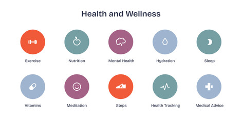 Health and Wellness icons depict exercise, nutrition, and mental health, transparent background.