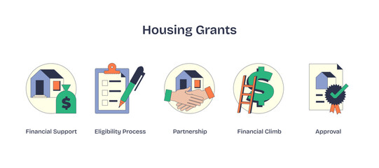 Housing grants visualized with icons like a house, checklist, and handshake, embodying Neubrutalism style, transparent background.