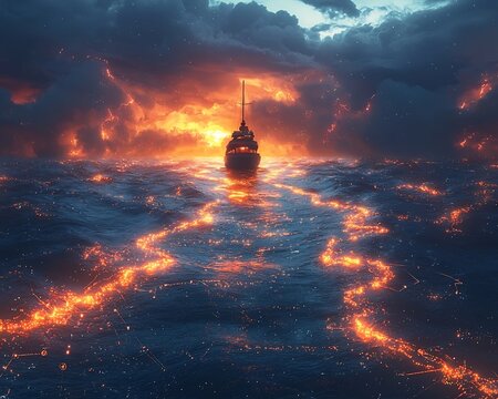 Futuristic Boat Leader Steering Through Glowing Data Streams Business Leadership Concept