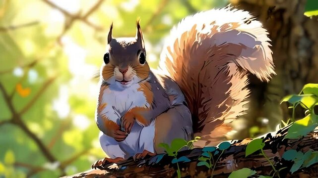 Cute cartoon anime squirrel on branch, perfect for segue, bridge, transition