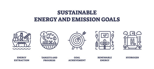 Sustainable energy and emission goals icons show energy extraction, targets, and renewable energy, transparent background.