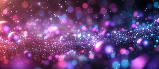 Sparkling glitter bokeh background with pink, purple, and blue lights.