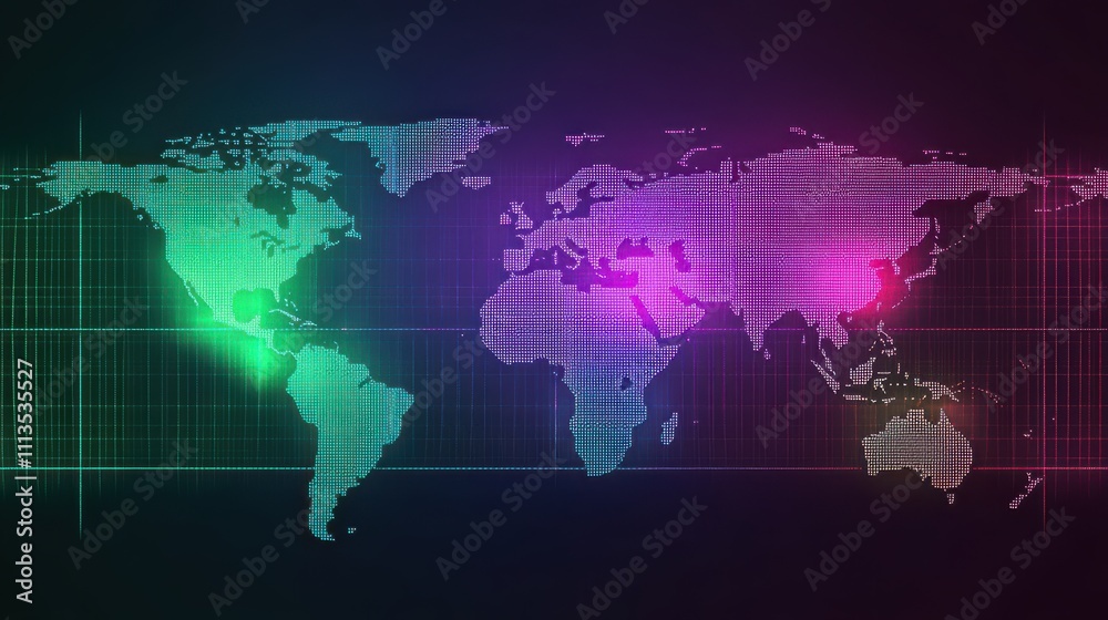 Wall mural colorful digital world map with geometric pattern and grid overlay